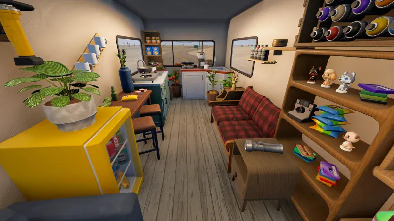 A customised RV interior with a sofa, kitchen, plants and shelves of collectibles in Nomad Drive