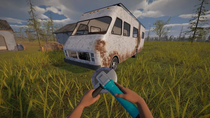 A player grinds rust off an abandoned RV in a grassy field in Nomad Drive
