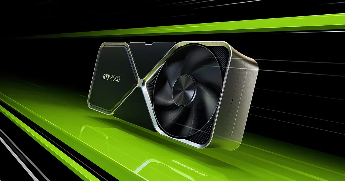 NVIDIA GeForce RTX 4090 graphics card on a green and black background