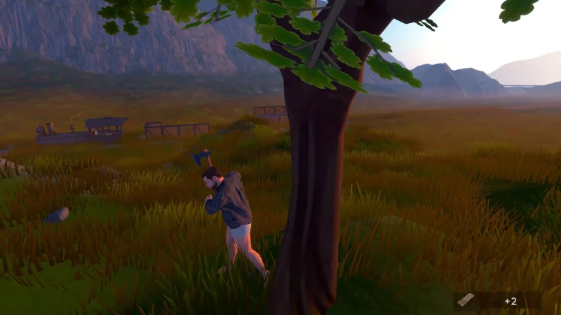 A survivor walks through tall grass near a tree in On The Train
