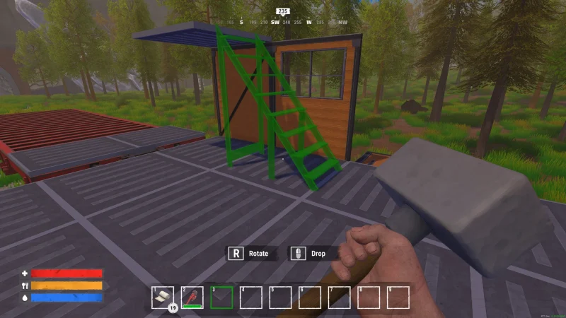 First-person building with a hammer, placing stairs on a wagon in On The Train
