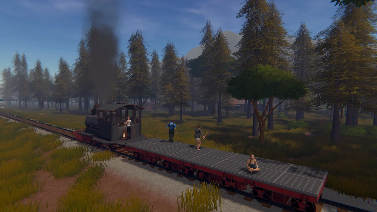 A steam locomotive pulling flatbed wagons through a forest with survivors aboard in On The Train