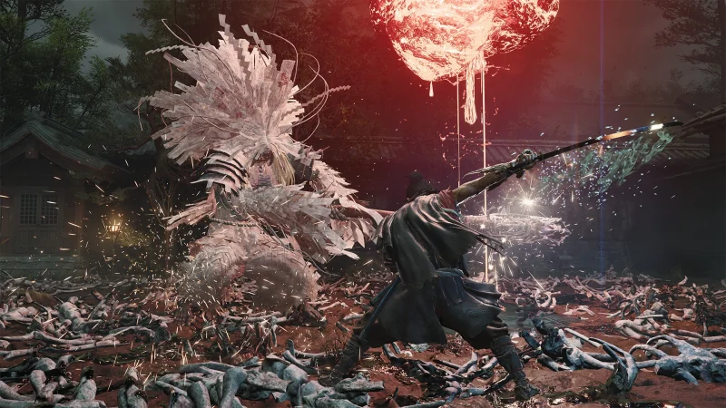 A samurai fights a white-maned demon beneath a red moon in Onimusha: Way of the Sword