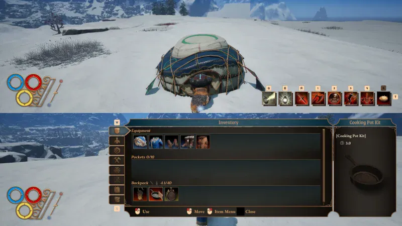 Split-screen co-op in the snow with a tent and the inventory screen in Outward 2
