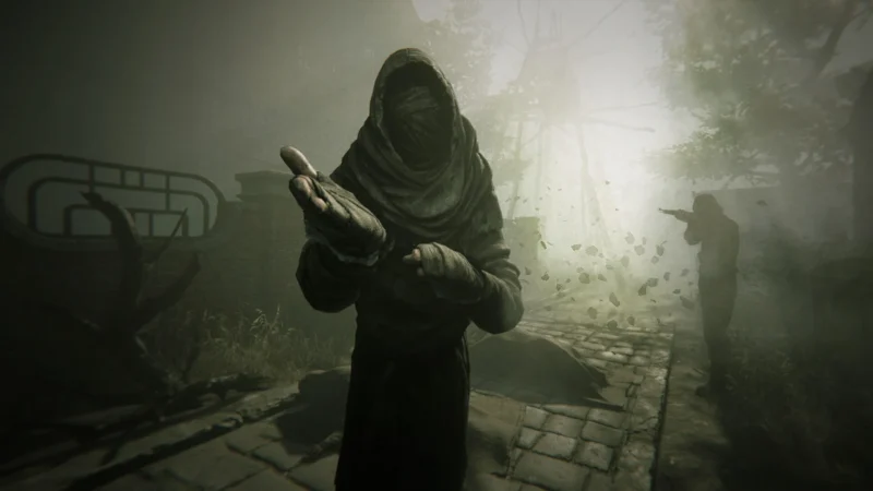 A hooded figure holds out a hand in a foggy plague town in Pathologic 3