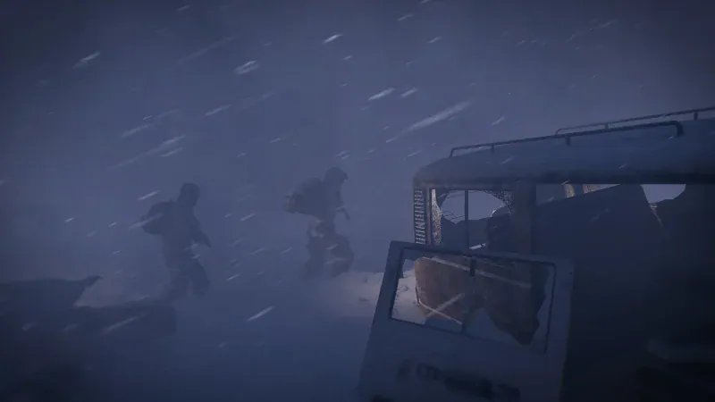 Survivors walking through a snowstorm in Permafrost