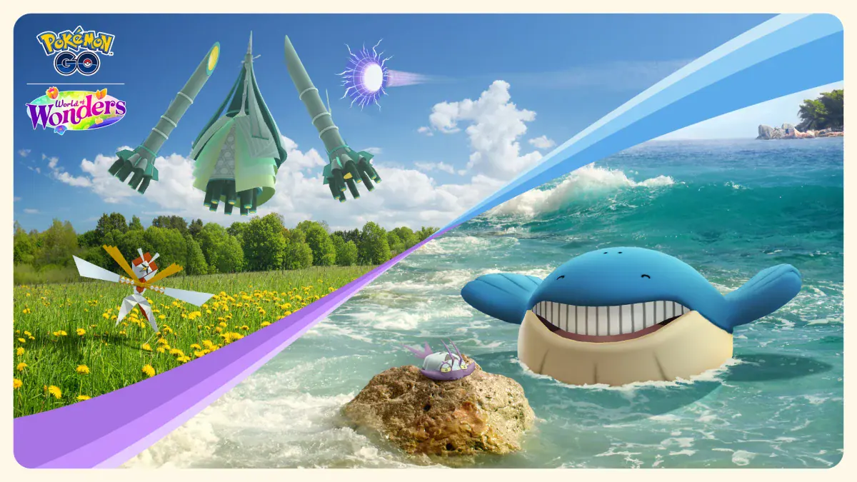 Celesteela and Kartana over the sea with Wailord and Wimpod on the Pokémon GO Sizeable Surprises banner