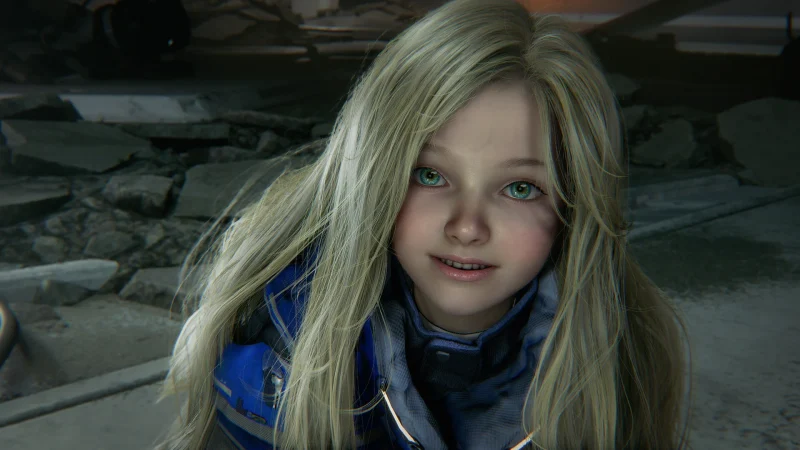 The android girl Diana smiles in close-up in PRAGMATA