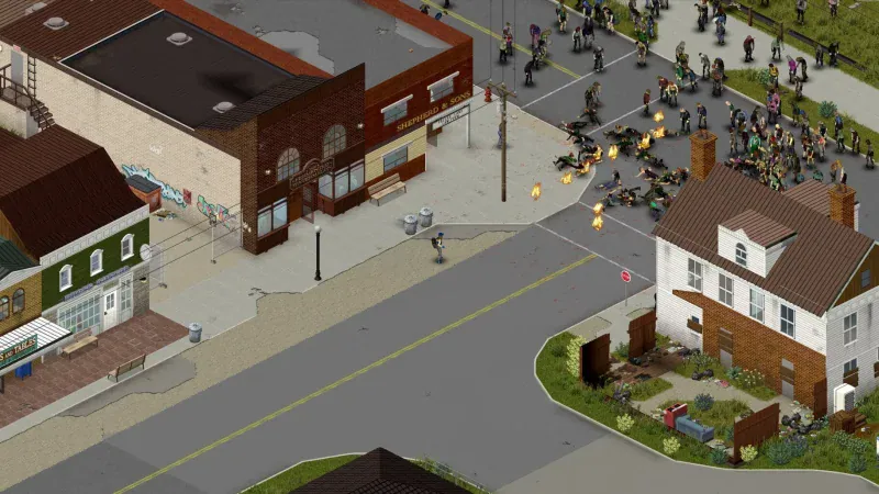 Zombies in a Project Zomboid town