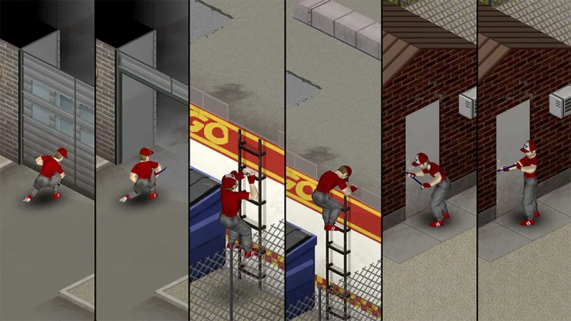 A survivor forces a garage door, climbs a ladder over a fence and prises open a door with a crowbar in Project Zomboid