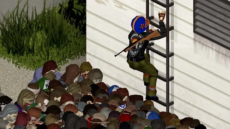 A survivor with a rifle climbs a ladder up a white wall above a horde of zombies in Project Zomboid