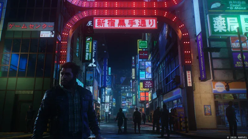 Logan in a neon-lit Shinjuku street in Marvel's Wolverine, one of the first PS5 games with QSSR