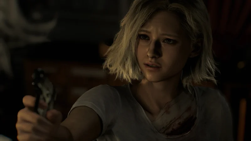 Grace Ashcroft aims a pistol in a dark room in Resident Evil Requiem