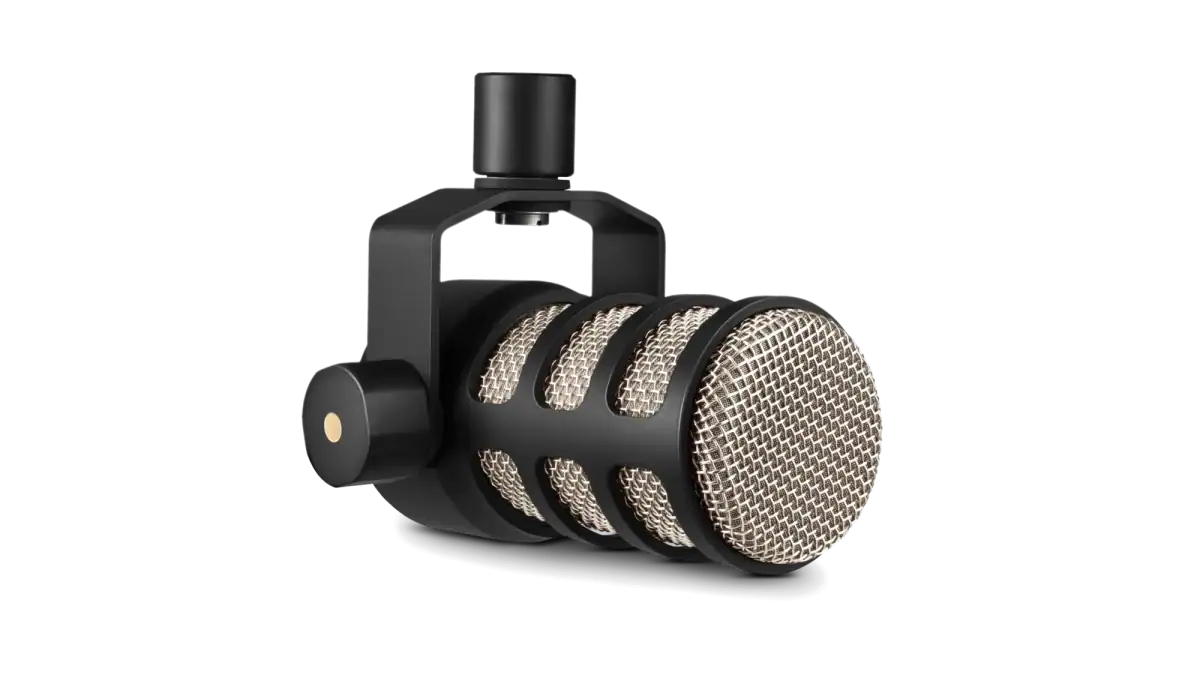 The black RODE PodMic dynamic broadcast microphone with its mount