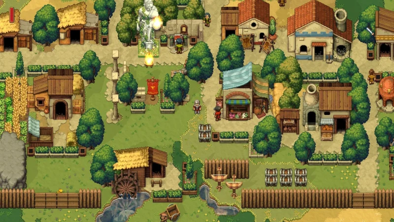 A forest settlement with workshops, a watermill and a glowing shrine in Romestead