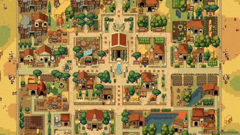 A large Roman town with a temple, fountain, farms and villas seen from above in Romestead