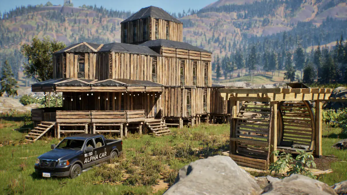 A wooden lodge and a pickup truck in an overgrown forest in Rooted