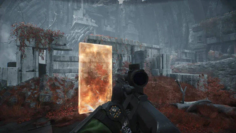 A rifle aimed at a glowing doorway into the Grey State among ruins in Rules of Engagement: The Grey State