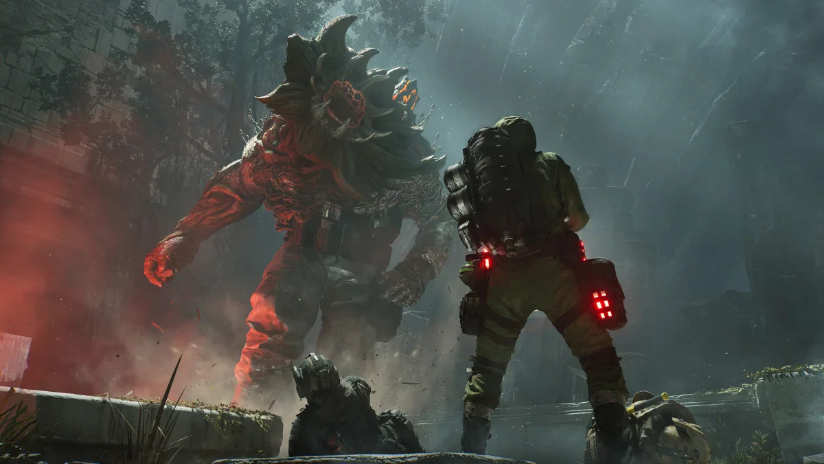 A Strider soldier faces a huge red monster in Rules of Engagement: The Grey State
