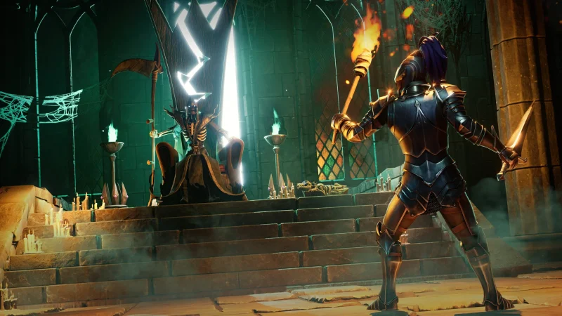 An adventurer with a torch faces a warrior in a glowing temple in RuneScape: Dragonwilds