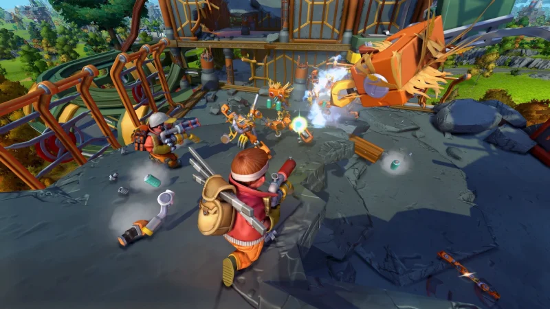 Players fight a wave of Farmbots in Scrap Mechanic