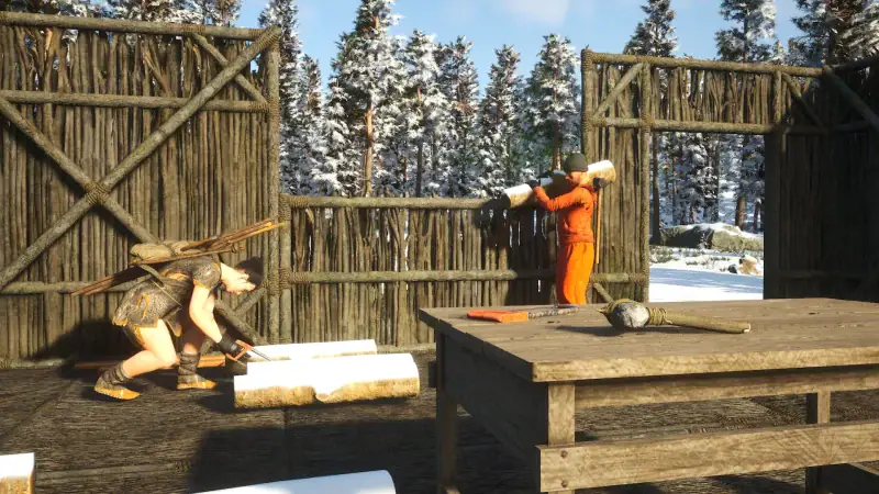SCUM prisoners building a wooden base in the snow