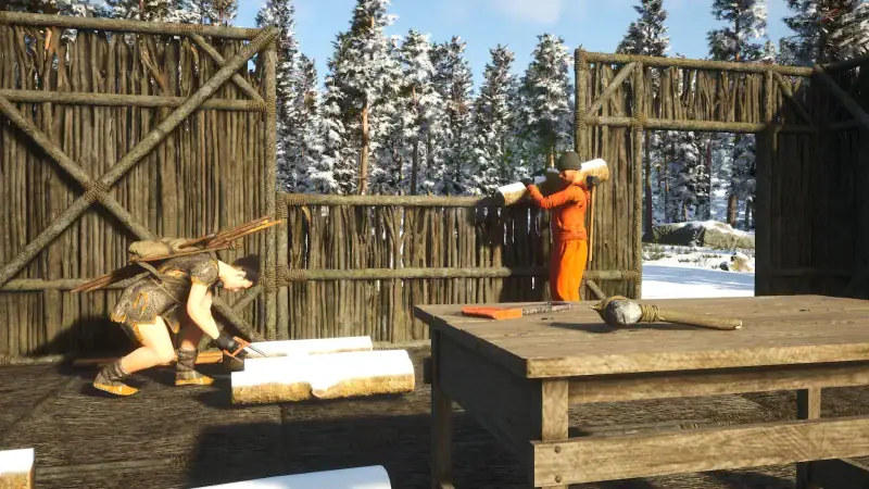 SCUM prisoners building a wooden base in the snow