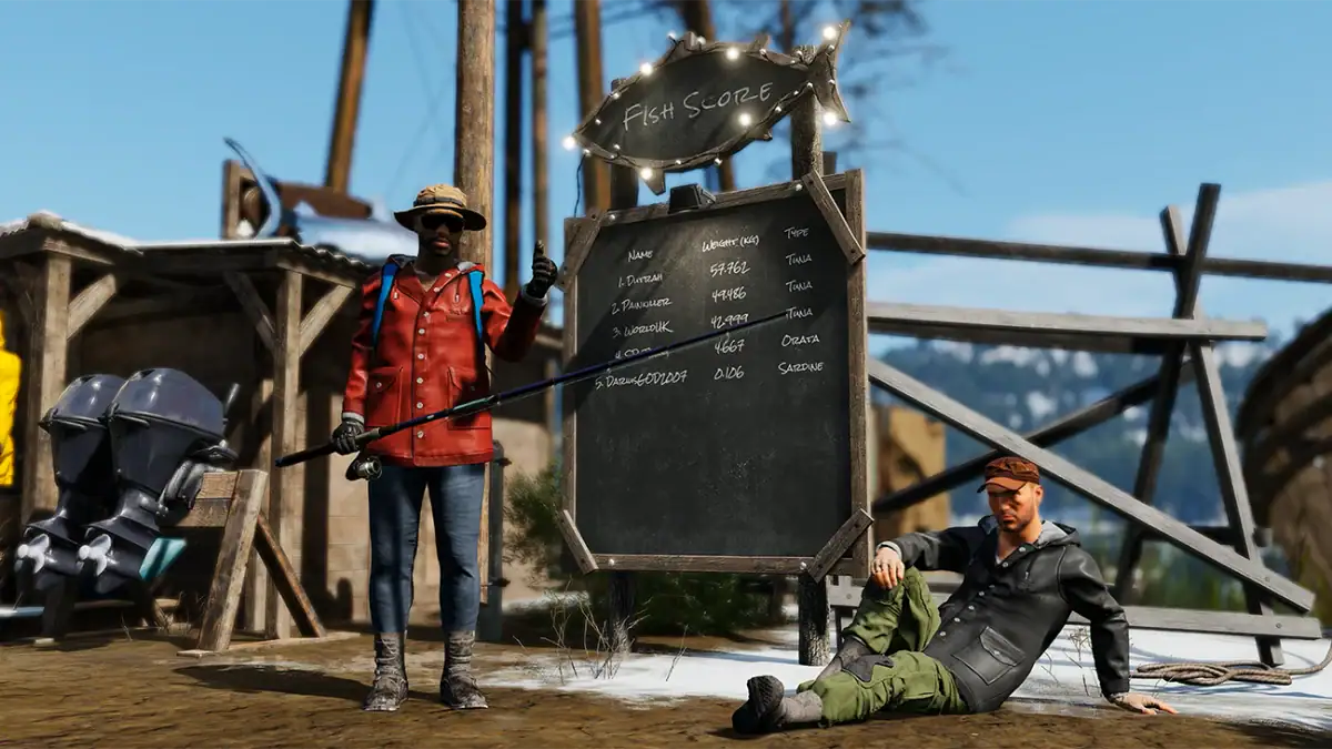 SCUM prisoners beside the fishing leaderboard board at a lakeside trader