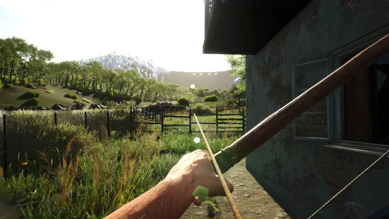 First-person view of a SCUM prisoner hunting with a bow near a farm