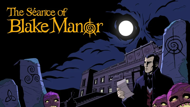 The Seance of Blake Manor key art with a detective outside a moonlit manor