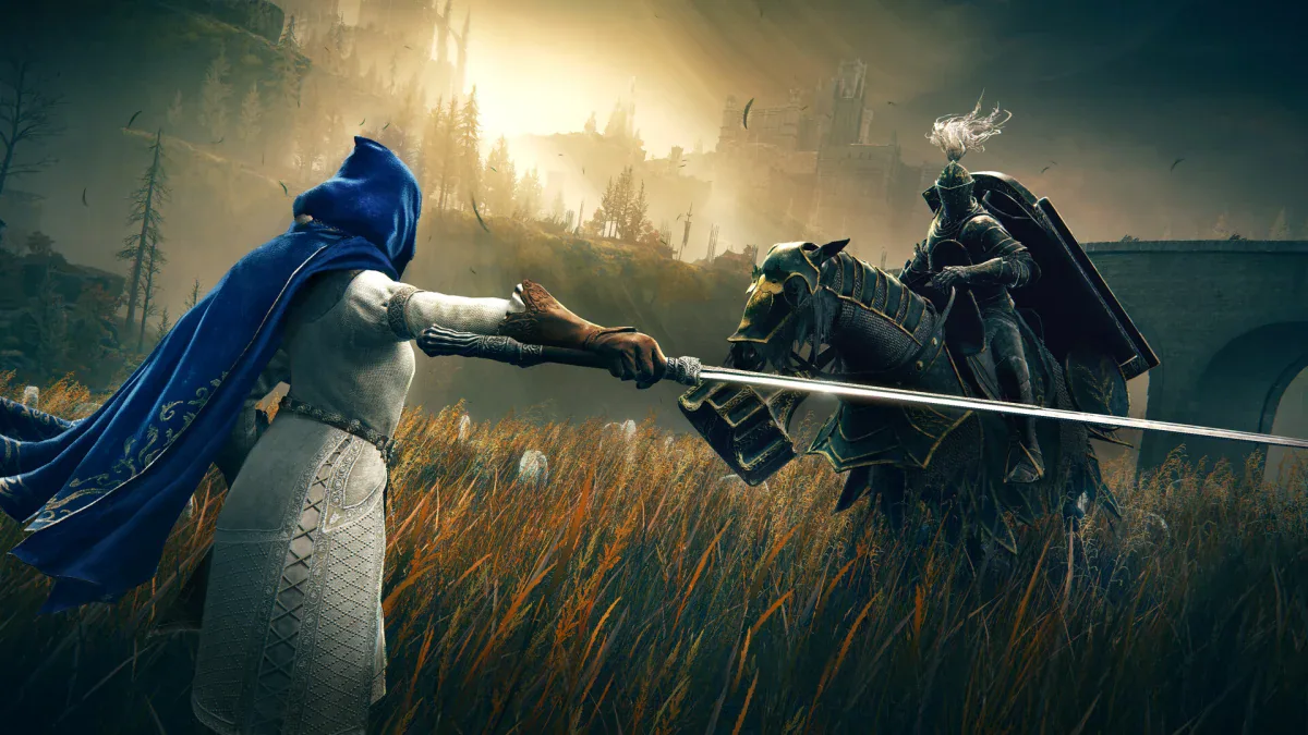 A mounted knight clashes with a rider in a field in Elden Ring Shadow of the Erdtree