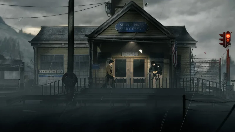 A gloomy small-town ferry office under a grey sky in Silver Pines