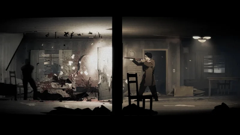 A man aims a rifle at a creature in a dim wooden room in Silver Pines