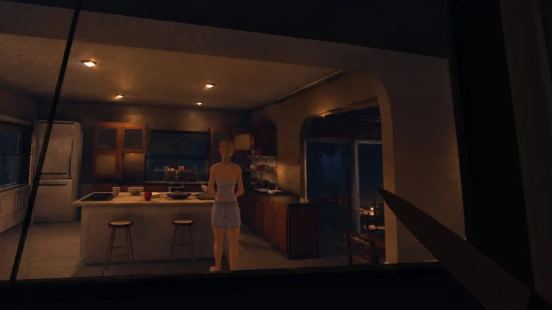 Looking into a lit kitchen through a window at night in SLASHER NIGHT