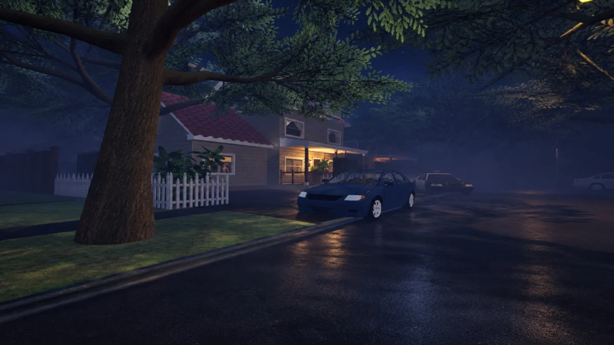 A quiet suburban street at night with a parked car and a white picket fence in SLASHER NIGHT