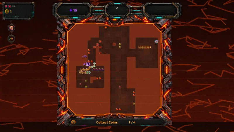 The snake collects coins in a lava-filled Burned Sector level in Snake: Gridbreaker