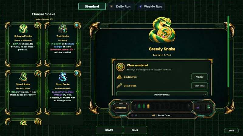 The class selection screen with Balanced, Tank, Speed, Ghost and Greedy snakes in Snake: Gridbreaker