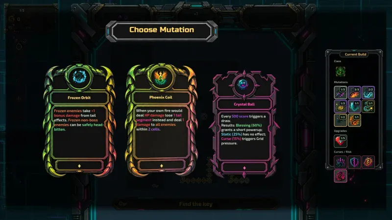 Choosing between Frozen Orbit, Phoenix Coil and Crystal Bait mutations in Snake: Gridbreaker