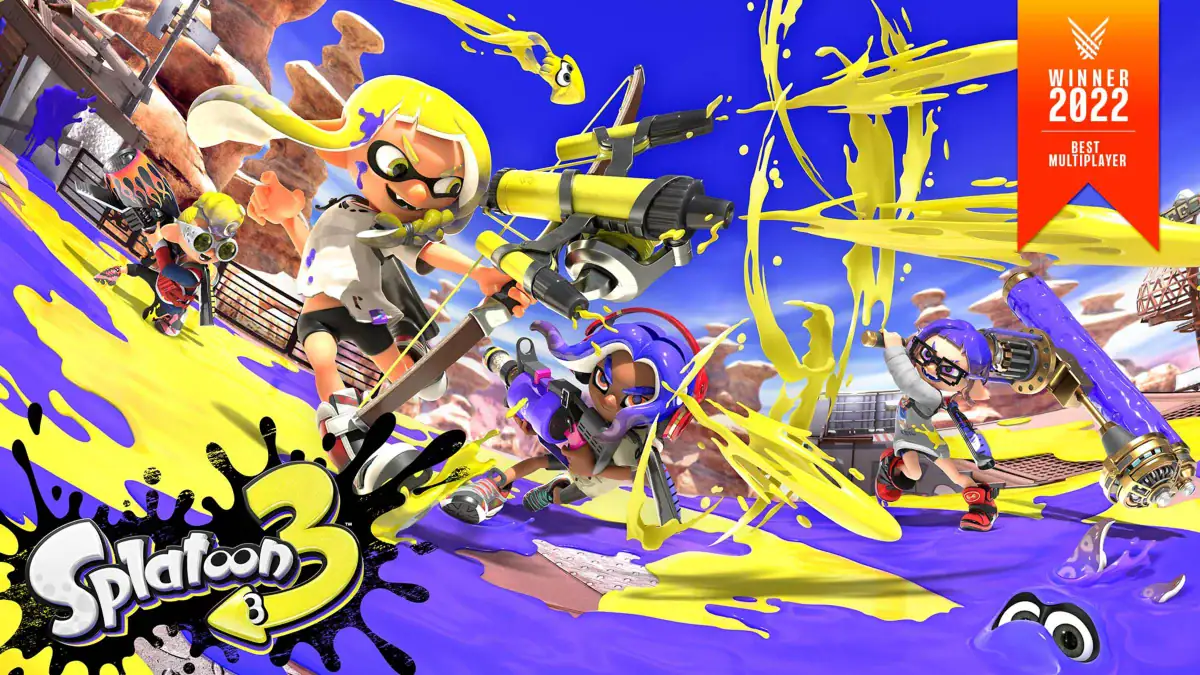 Inklings battle in a splash of ink in Splatoon 3 key art