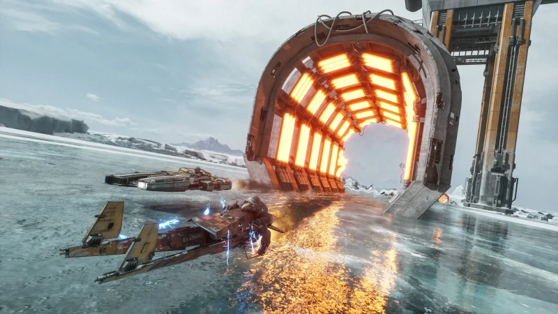 Two racers speed across ice towards a glowing gate in Star Wars: Galactic Racer