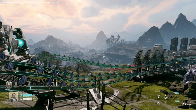 Conveyor belts and factory buildings stretch across an alien valley in StarRupture