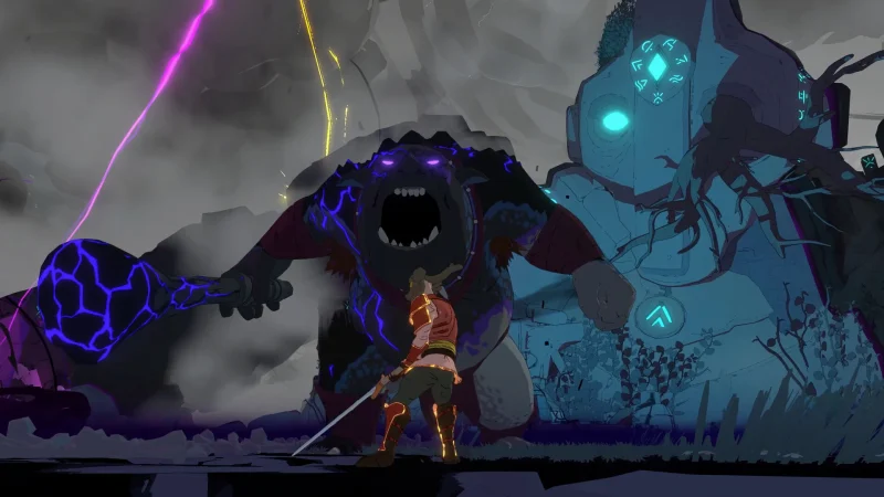A sword-wielding player faces a giant stone creature with glowing purple cracks in Stormforge