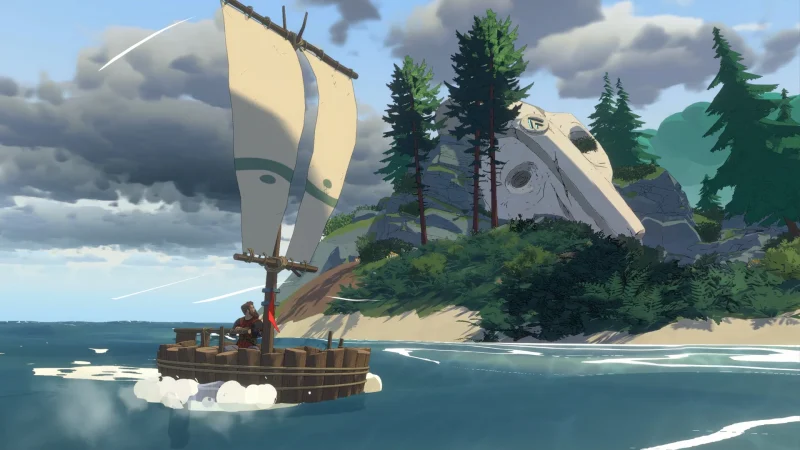 A player sails a wooden boat past an island with the ruins of a stone titan in Stormforge