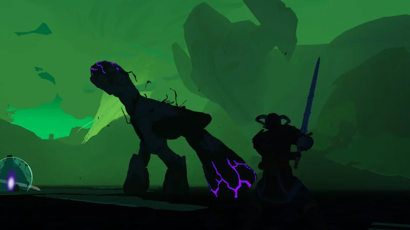 A player stands before a storm-powered stone guardian in a green misty storm in Stormforge