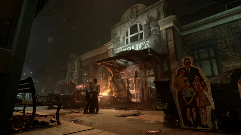 A burning street outside a police station in The Outlast Trials