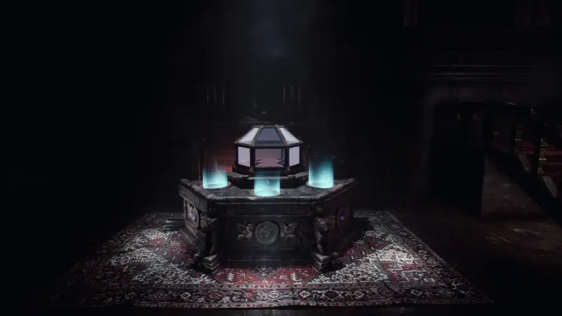 A glowing relic sits on a carved table in a dark mansion room in The Smiling Flesh