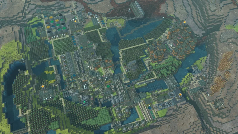 A sprawling beaver city built on terraced land in Timberborn
