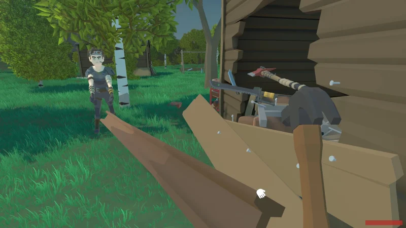 First-person nailing planks to a wooden house wall as a zombie approaches in Undead Development 2