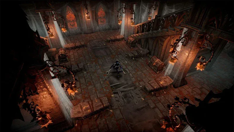 A vampire walks through a castle hall decorated with pumpkins and webs in V Rising
