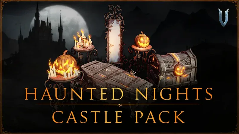 Carved pumpkins, candles, a coffin and a standing mirror from V Rising's free Haunted Nights Castle Pack